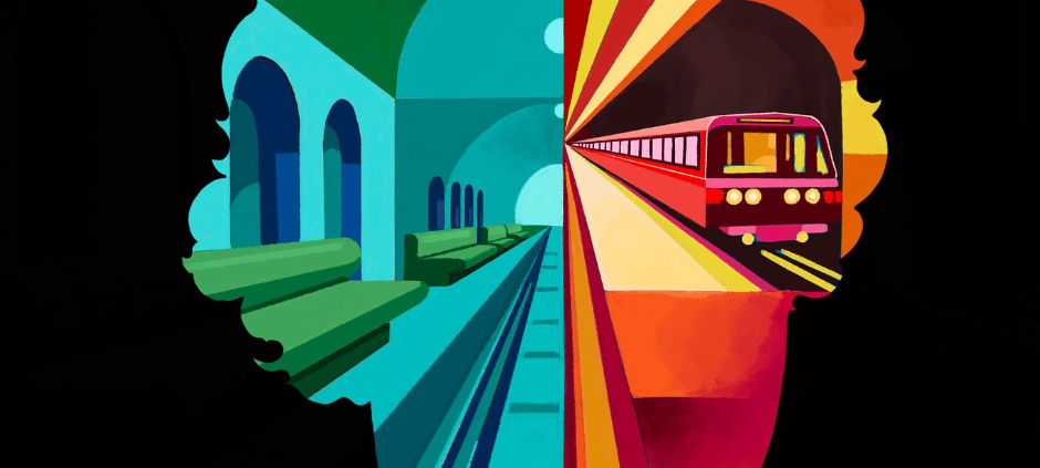 Der Kopf von Metronomy-Sänger Joseph Mount als buntes Bild mit einem U-Bahnhof drin.