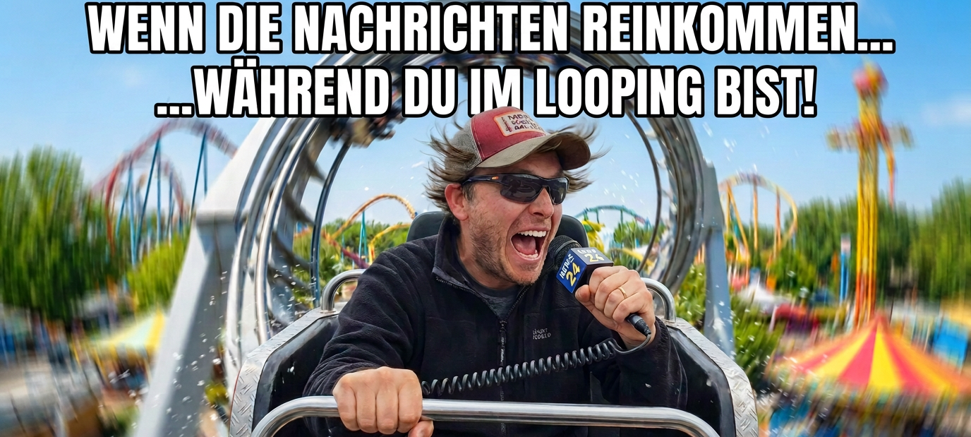 KI-generiertes Bild von Philipp Klees mit Mikrofon in einer Achterbahn.