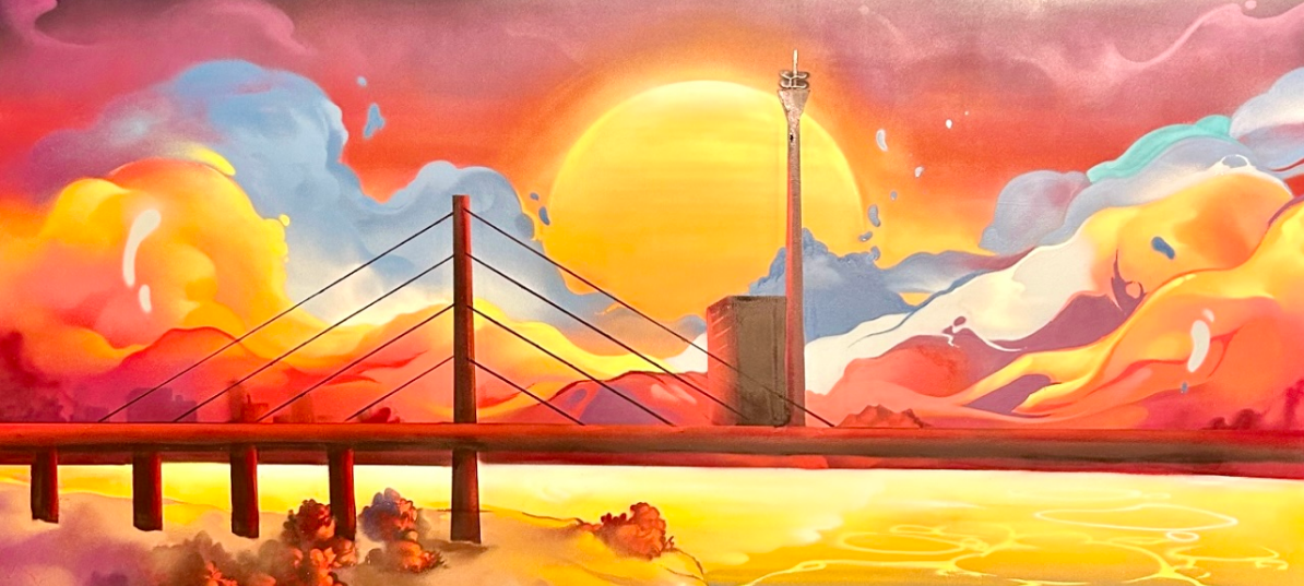 Street Art des Künstlers Mac Sullivan. Gesprayt ist die Skyline von Düsseldorf.