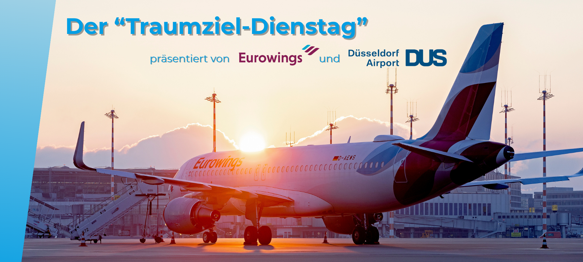 Flugzeug von Eurowings auf dem Vorfeld vom Düsseldorfer Flughafen, mit der Headline des Gewinnspiels "Der Traumziel-Dienstag, präsentiert von Eurowings und dem Flufhafen Düsseldorf".