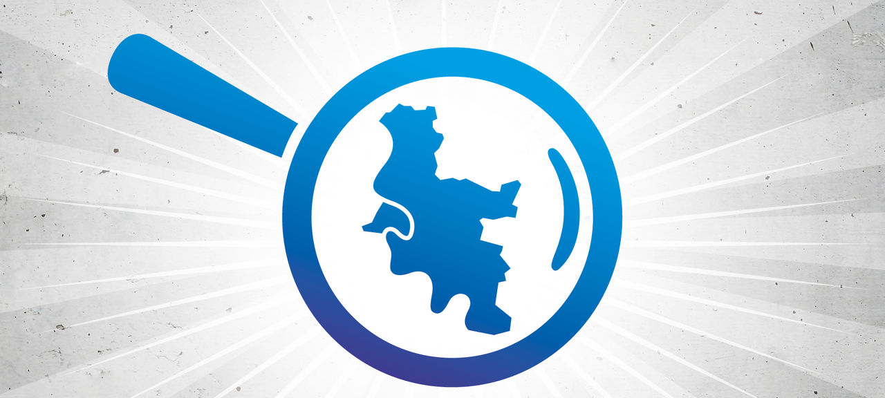 Eine blaue Lupe über einer Silhouette von Düsseldorf.