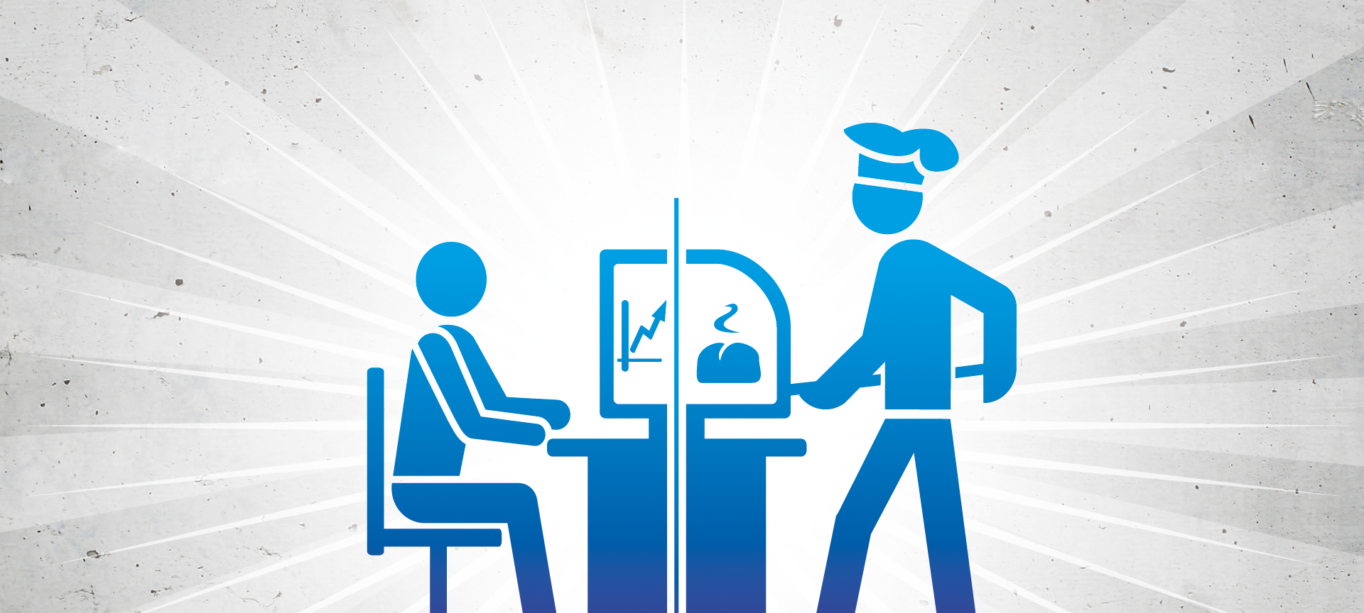 Ausbildung und Handwerk. Dieses Symbolbild ist in blau gehalte. Und zeigt einen Menschen, der am Computer arbeitet und einen Bäcker.