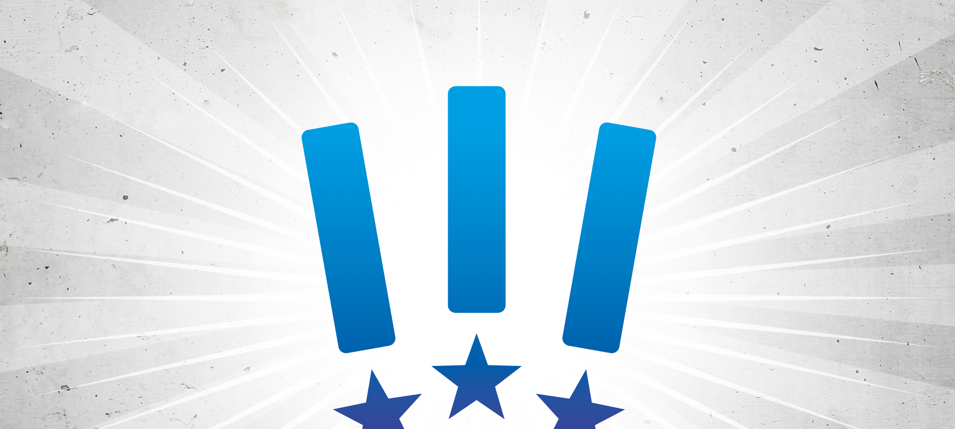 Drei blaue Ausrufezeichen auf grauem Grund.