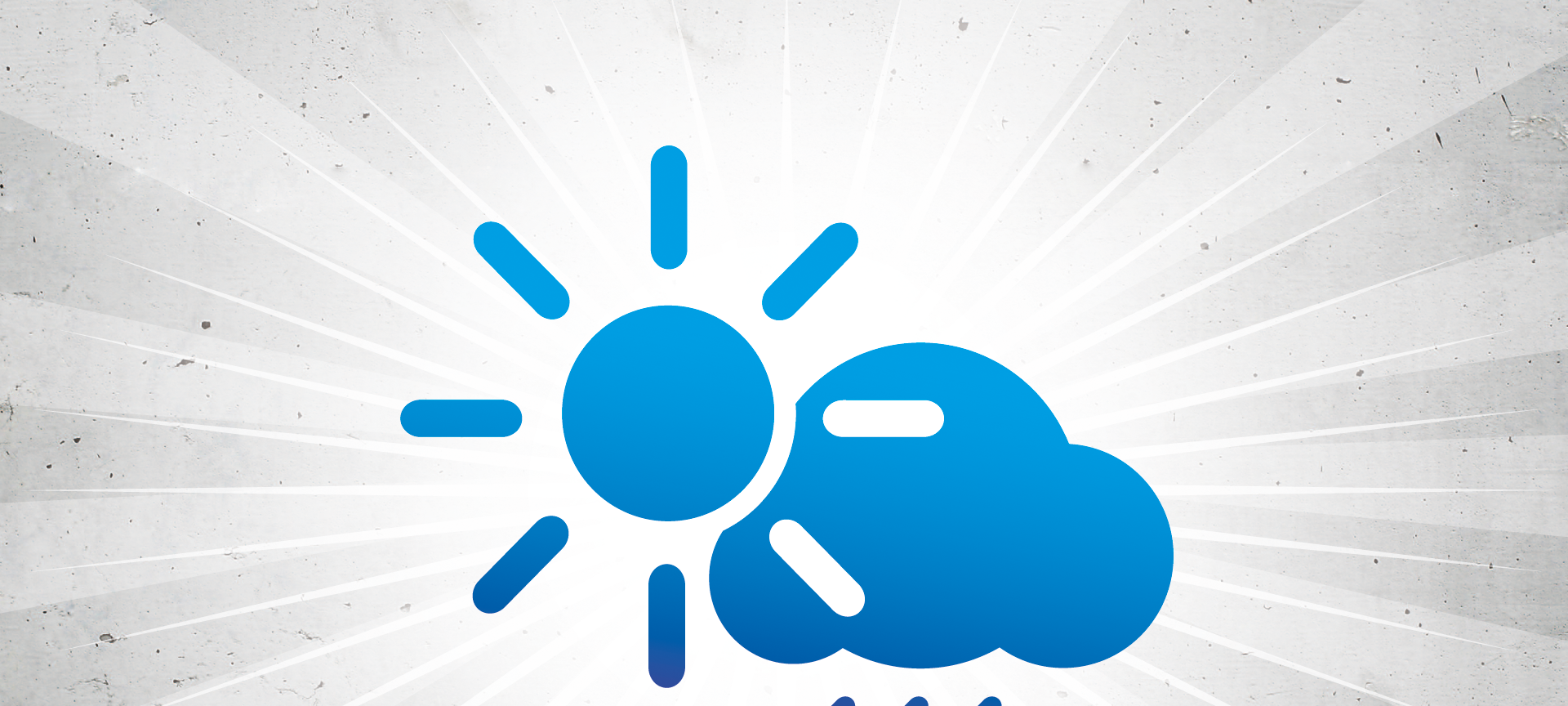 Blaue Sonne und blaue Regenwolke auf grauem Grund.